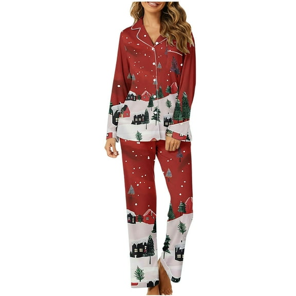 Uootdi Gift Christmas Long Sleeve Pajamas for Women Set Xmas Pajama Set 2-Piece Cozy Print PJs Button Up Ladies Sleepwear for Christmas