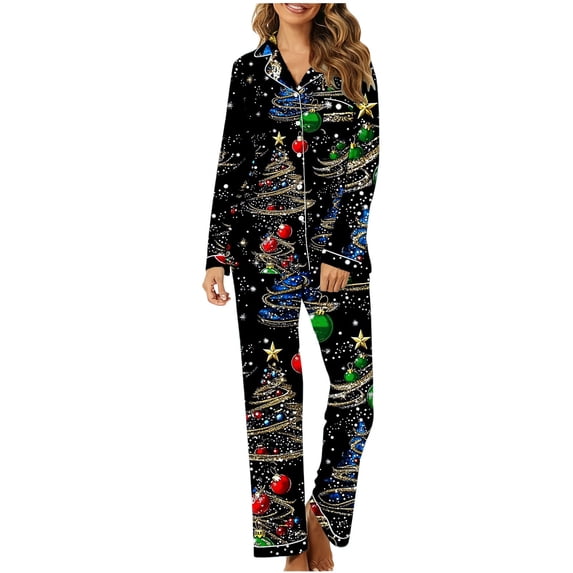 Uootdi Gift Christmas Long Sleeve Pajamas for Women Set Xmas Pajama Set 2-Piece Cozy Print PJs Button Up Ladies Sleepwear for Christmas