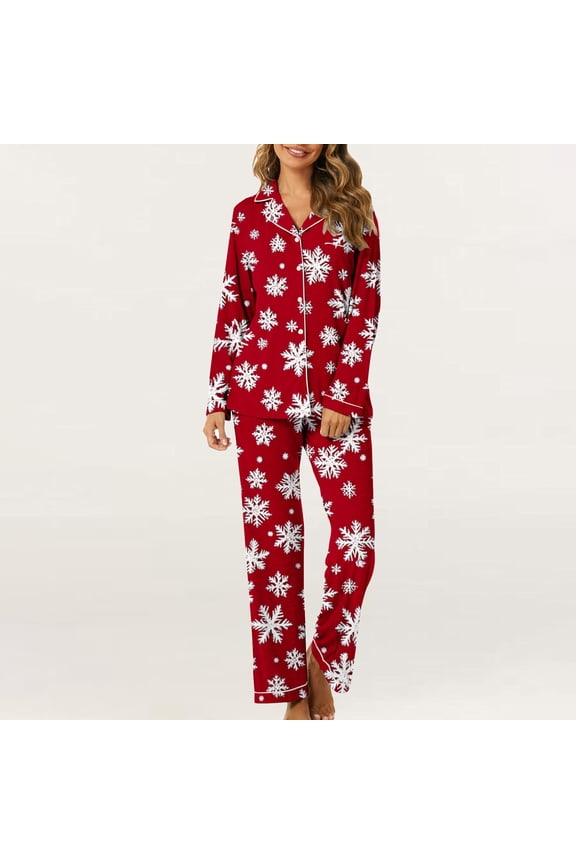 Gift Christmas Long Sleeve Pajamas for Women Set Xmas Pajama Set 2-Piece Cozy Print PJs Button Up Ladies Sleepwear for Christmas