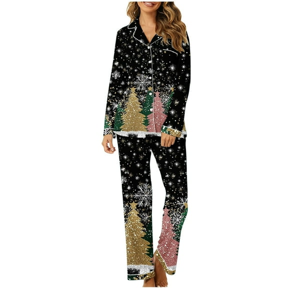 Uootdi Gift Christmas Long Sleeve Pajamas for Women Set Xmas Pajama Set 2-Piece Cozy Print PJs Button Up Ladies Sleepwear for Christmas