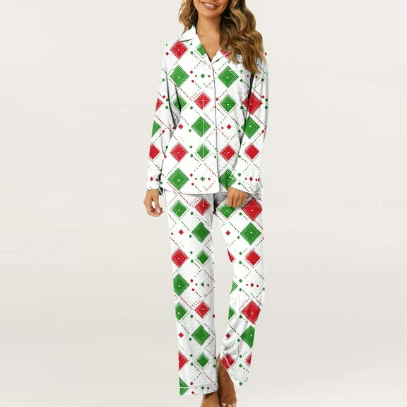 Uootdi Gift Christmas Long Sleeve Pajamas for Women Set Xmas Pajama Set 2-Piece Cozy Print PJs Button Up Ladies Sleepwear for Christmas