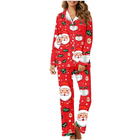 Uootdi Gift Christmas Long Sleeve Pajamas for Women Set Xmas Pajama Set 2-Piece Cozy Print PJs Button Up Ladies Sleepwear for Christmas