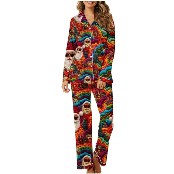 Uootdi Gift Christmas Long Sleeve Pajamas for Women Set Xmas Pajama Set 2-Piece Cozy Print PJs Button Up Ladies Sleepwear for Christmas
