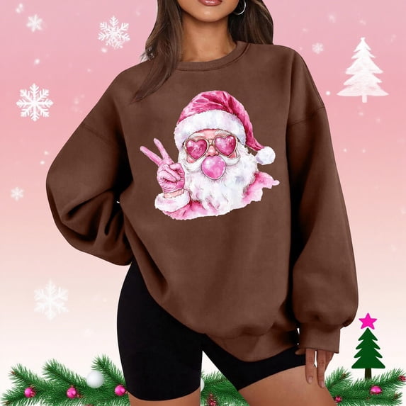 Uootdi Gift Christmas Santa Christmas Blowing Bubble Printted Graphic Sweatshirt for Women Crewneck Long Sleeve Pullover Casual Loose Fit Holiday Top for Winter