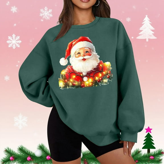 Uootdi Gift Christmas Santa Christmas Blowing Bubble Printted Graphic Sweatshirt for Women Crewneck Long Sleeve Pullover Casual Loose Fit Holiday Top for Winter