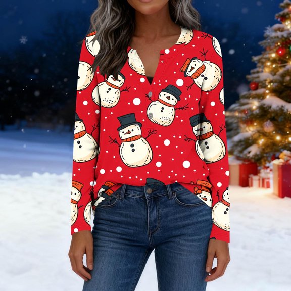 Uootdi Gift Christmas Womens Tops Cute Christmas Printed Xmas V Neck Long Sleeve Shirt Stretchy Baggy Tunics Ladies Christmas Top
