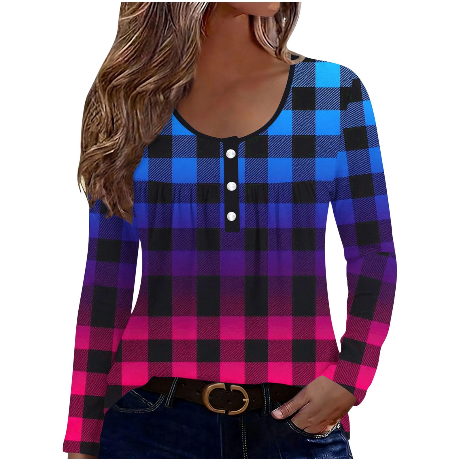 Uootdi Gift Long Sleeve Tops for Women Scoop Neck Button Front Buffalo ...