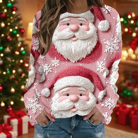 Uootdi Gift Plus Size Christmas Womens Long Sleeve Sweatshirt Funny Xmas Tree Santa Reindeer Snowman 3D Print Graphic Sweatshirts Crewneck Xmas Holiday Tops