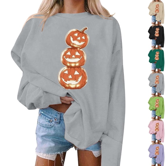 Uootdi Gift Womens Sweatshirts Crew Neck Halloween Stacked Pumpkin Graphic Print Long Sleeve Oversized Fit Casual Pullover Tops
