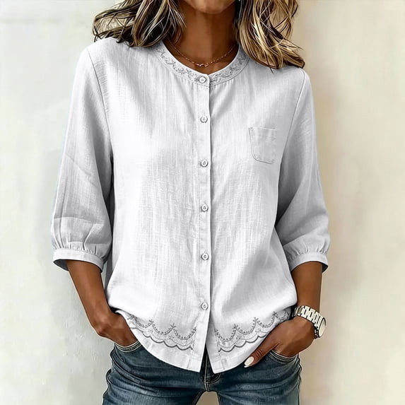 Uootdi Gift Womens Tops Round Neck Button Front Three Quarter Sleeve Floral Embroidered Plain Womens Blouses Relaxed Fit Elegant Office Wear Soft Womens Shirts
