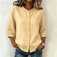thumbnail image 1 of Uootdi Gift Womens Tops Round Neck Button Front Three Quarter Sleeve Floral Embroidered Plain Womens Blouses Relaxed Fit Elegant Office Wear Soft Womens Shirts, 1 of 7