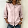 thumbnail image 1 of Uootdi Gift Womens Tops Round Neck Button Front Three Quarter Sleeve Floral Embroidered Plain Womens Blouses Relaxed Fit Elegant Office Wear Soft Womens Shirts, 1 of 7