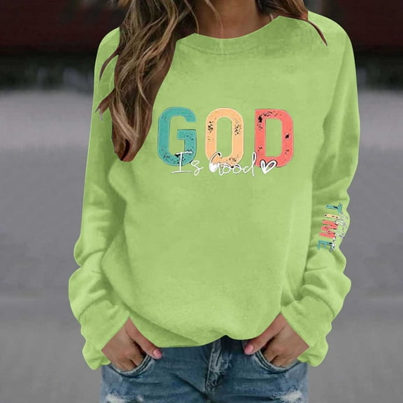 Uootdi God is Good Sweatshirt Gift for Women Oversized Christian Long Sleeve Shirts Jesus Religious Pullover Bible Verse Inspir ational Tops