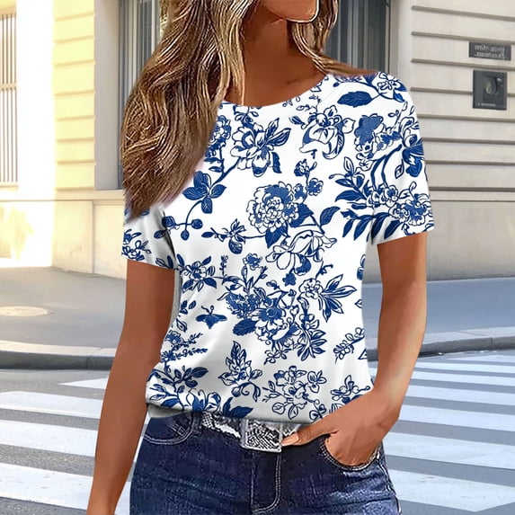 Uootdi Graphic Tops for Women Nature Plant Print Crew Neck Short Sleeve Tees Relaxed Fit Soft Vacation Wear Blouses Gift