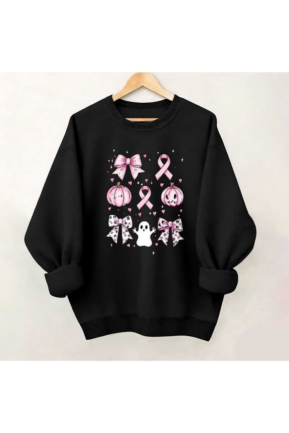 Halloween Breast Cancer Awareness Womens Sweatshirt Crew Neck Long Sleeve Fleece Pumpkin Ghost Bow Pink Ribbon Print Oversized Womens Tops