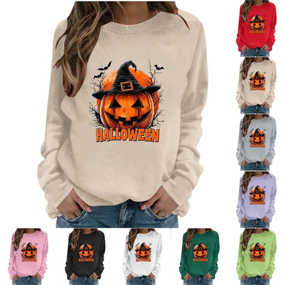 Uootdi Halloween Crewneck Sweatshirt for Women Pumpkin Print Womens Sweatshirt Loose Fit Holiday Gathering Cozy Tops for Women Gift