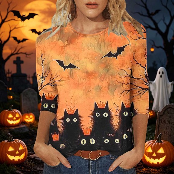 Uootdi Halloween Graphic Tees Crew Neck 3/4 Sleeve Crown Black Cat Bat Dead Tree Full Graphic Print Holiday Tops for Women Relaxed Fit Pumpkin Patch Visits Soft Womens Shirts Gift