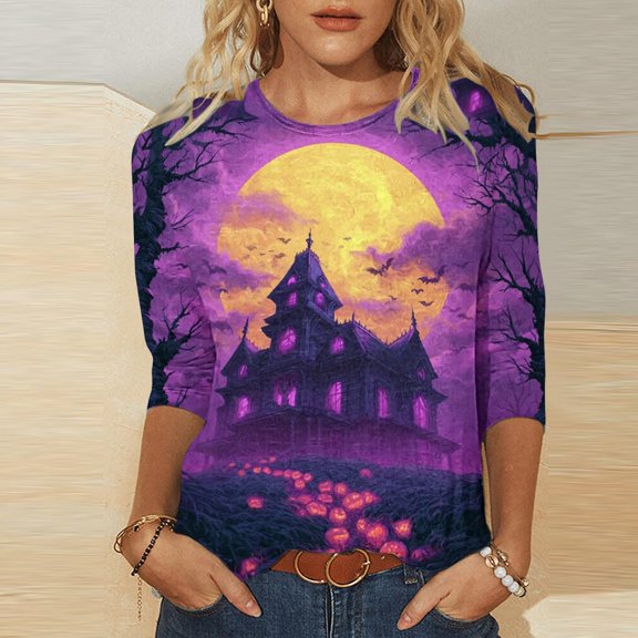 Uootdi Halloween Shirts for Women Round Neck Three Quarter Purple Night Haunted House Pumpkin Print Halloween Costumes for Women Loose Fit Gothic Womens Tops