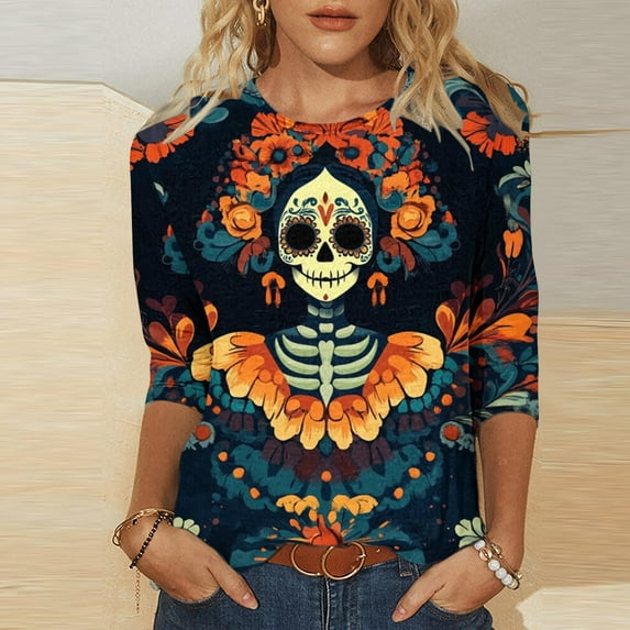 Uootdi Halloween Shirts for Women 3/4 Sleeve Crew Neck Skull Pumpkin Witch Graphic Casual Festival Basic Tee for Gift Party Stree t