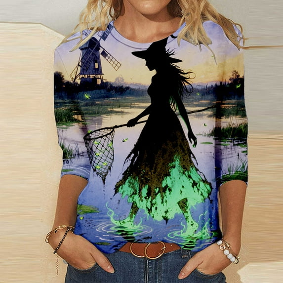 Uootdi Halloween Shirts for Women 3/4 Sleeve Crew Neck Skull Pumpkin Witch Graphic Casual Festival Basic Tee for Gift Party Stree t