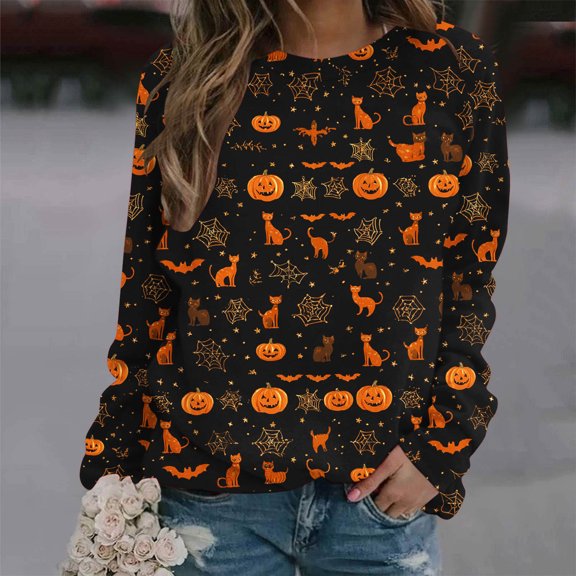 Uootdi Halloween Shirts for Women Plus Size Long Sleeve Tops Funny Witchy Pumpkin Ghost Graphic Gift Tees Cotton Crewneck Blouse s