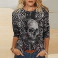 thumbnail image 1 of Uootdi Halloween Skull Distressed Shirts for Women Retro Button Crew Neck Long Sleeve Pullover Tops Fall Washed T-Shirts Multicolor Womens Tops, 1 of 5