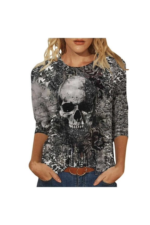 Halloween Skull Distressed Shirts for Women Retro Button Crew Neck Long Sleeve Pullover Tops Fall Washed T-Shirts Multicolor Womens Tops
