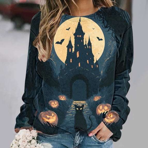 Uootdi Halloween Sweatshirts for Women Crew Neck Black Cat Castle Pumpkin Graphic Womens Sweatshirt Loose Fit Weekend Outing Soft Womens Tops Gift