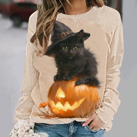 Uootdi Halloween Sweatshirts for Women Crew Neck Black Cat Pumpkin Graphic Womens Sweatshirt Loose Fit Weekend Outing Soft Womens Tops Gift