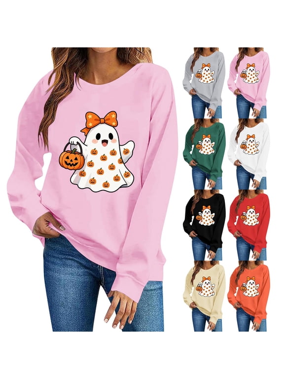 Halloween Sweatshirts for Women Crew Neck Halloween Theme Graphic Womens Sweatshirt Loose Fit Holiday Gathering Soft Womens Tops Gift