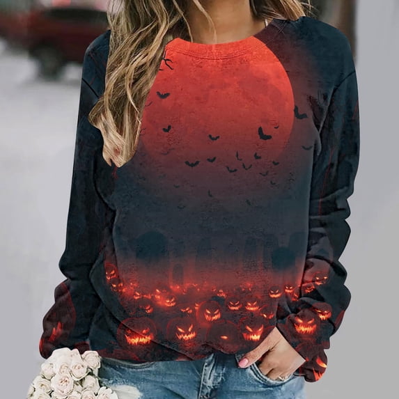 Uootdi Halloween Sweatshirts for Women Crew Neck Red Moon Bat Pumpkin Graphic Womens Sweatshirt Oversized Fit Holiday Night Soft Womens Tops Gift