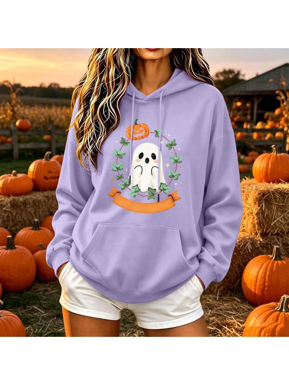 Halloween Sweatshirts for Women Drawstring Hooded Kangaroo Pocket Patchwork Halloween Themed Graphic Womens Pullover Sweatshirts Gift