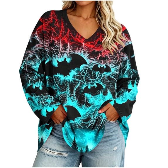 Uootdi Halloween Sweatshirts for Women V Neck Bat Flame Graphic Womens Sweatshirt Loose Fit Holiday Gathering Stretchy Womens Tops Gift