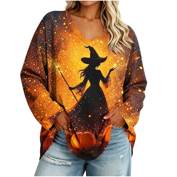 Uootdi Halloween Sweatshirts for Women V Neck Witch Pumpkin Graphic Womens Sweatshirt Oversized Fit Costume Night Soft Womens Tops Gift