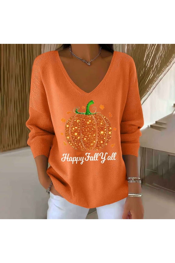 Halloween Women's Long Sleeve Shirts Sequin Pumpkin Print Maple Leaf Casual Striped Fabric Gift T-Shirt Letter Prin Shirts