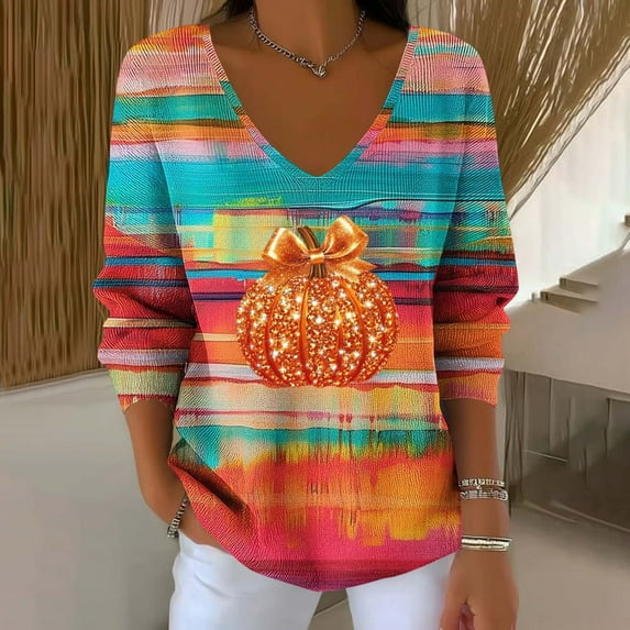 Uootdi Halloween Women's Long Sleeve Shirts Sequin Pumpkin Print Maple Leaf Casual Striped Fabric Gift T-Shirt Letter Prin Shirts