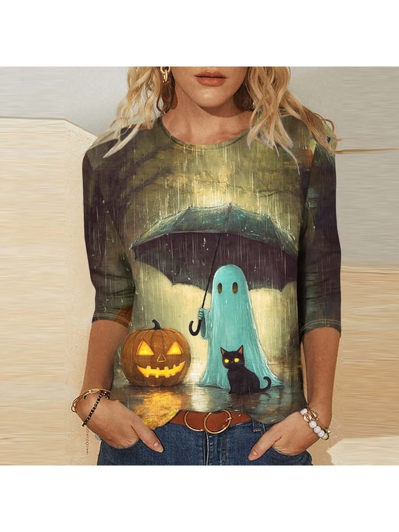 Halloween Womens 3/4 Sleeve Tops Round Neck Autumn Forest Ghost Witch Hat Double Lantern Black Cat Pumpkin All Over Print Casual Tees Loose Fit Fall Picnic Soft Shirts Gift