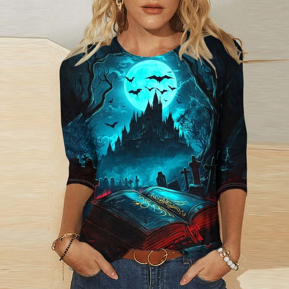Uootdi Halloween Womens 3/4 Sleeve Tops Round Neck Halloween Theme All Over Print Casual Tees Loose Fit Spooky Theme Soft Shirts Gift
