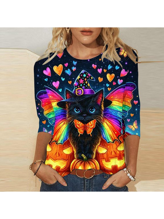Halloween Womens Crew Neck 3/4 Sleeve Tops Black Cat Butterfly Pumpkin Print Loose Fit Halloween Theme Party Cozy Outfits Autumn Pullover Blouses Gift