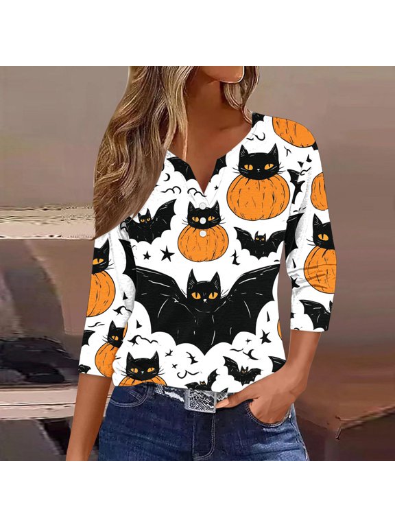 Halloween Womens Henley Tees V Neck Button Front Cute Halloween Feline Element Pattern 3/4 Sleeve Tops for Women Loose Fit Shopping Trips Smooth Daily Tees Gift