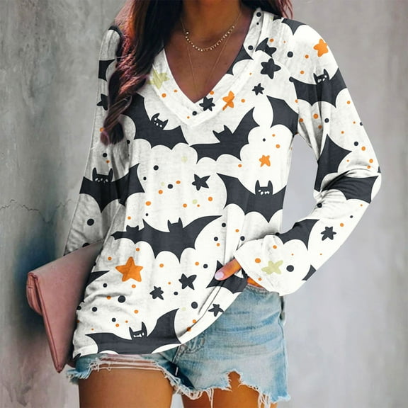 Uootdi Halloween Womens Long Sleeve Tops V Neck Funny Ghost Spooky Graphic Shirts Novelty Printed Blouses Casual Gift Cotton Tun ic