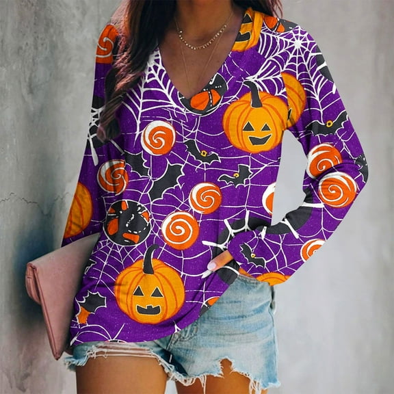 Uootdi Halloween Womens Long Sleeve Tops V Neck Funny Ghost Spooky Graphic Shirts Novelty Printed Blouses Casual Gift Cotton Tun ic