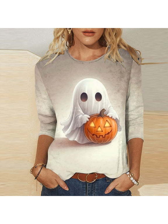 Halloween Womens Round Neck 3/4 Sleeve Tops Cute Ghost Holding Glowing Pumpkin Retro Distressed Print Casual Tees Loose Fit Daily Walking Soft Shirts Gift