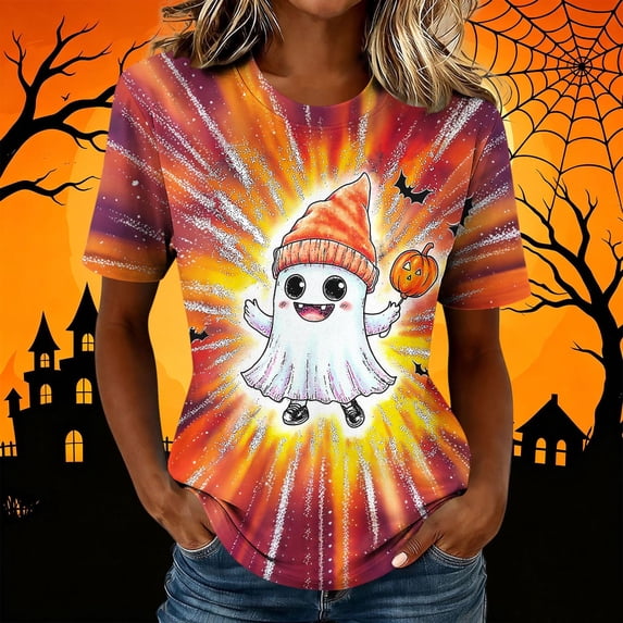 Uootdi Halloween Womens Shirts Crew Neck Short Sleeve Cartoon Ghost Print Pullover Tee Loose Fit Cute Holiday Womens Tops
