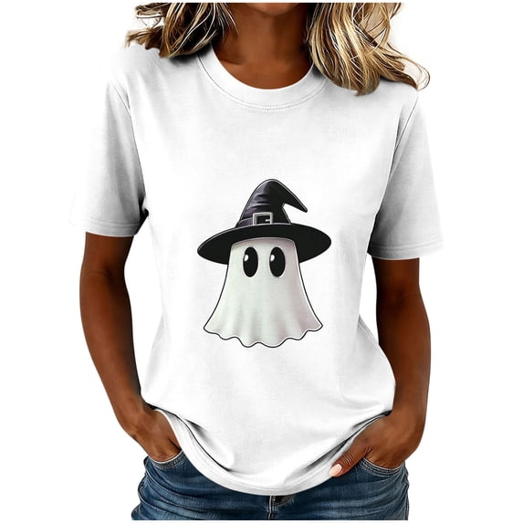 Uootdi Halloween Womens Shirts Crew Neck Short Sleeve Cartoon Ghost Print Pullover Tee Loose Fit Cute Holiday Womens Tops