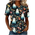 thumbnail image 1 of Uootdi Halloween Womens Shirts Crew Neck Short Sleeve Watercolor Ghost Floral All Over Print Pullover Tee Loose Fit Cottage Holiday Womens Tops, 1 of 7