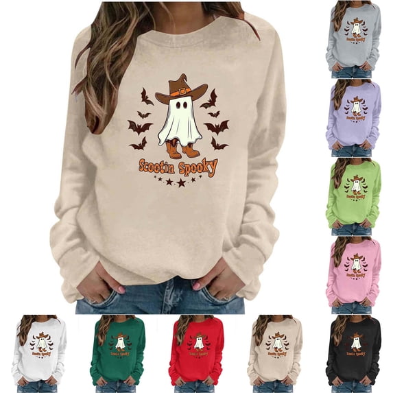 Uootdi Halloween Womens Sweatshirt Crew Neck Ghost Bat Print Sweatshirts Relaxed Fit Halloween Party Soft Womens Tops Gift