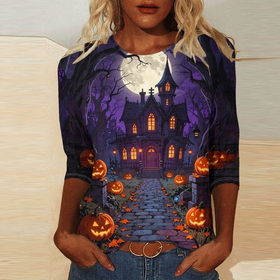 Uootdi Halloween Womens Tops Crew Neck Full Moon Dead Trees Haunted House Print 3/4 Sleeve Shirts for Women Loose Fit Halloween Night Event Soft Womens Tees Gift