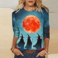 thumbnail image 1 of Uootdi Halloween Womens Tops Crew Neck Witch Bat Print 3/4 Sleeve Tops for Women Plus Size Loose Fit Autumn Outdoor Trip Lightweight Womens Blouses Gift, 1 of 5
