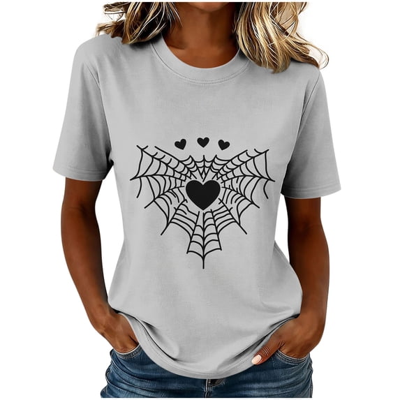 Uootdi Halloween Womens Tops Short Sleeve Simple Spider Web Heart Graphic Relax Fit Casual T Shirt Halloween Everyday Outfit Blouses